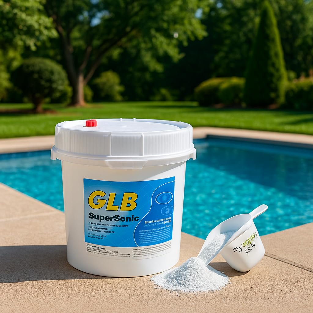 GLB Supersonic 73% Cal Hypo Shock 25 lb Pool Shock – 73% Chlorine Granules with My Garden Pool Measurement Cup, Scum Sponge, Scum Socks (3 ct.) & 7-in-1 Test Strips (20 ct.)