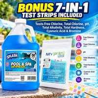 Splash Pool & Spa Antifreeze -50°F, 210 PACK - 35 CASES, Winter Protection for Pools & Spas - NEW DESIGN - with My Garden Pool 7-in-1 Pool & Spa Test Strips (20 ct.)