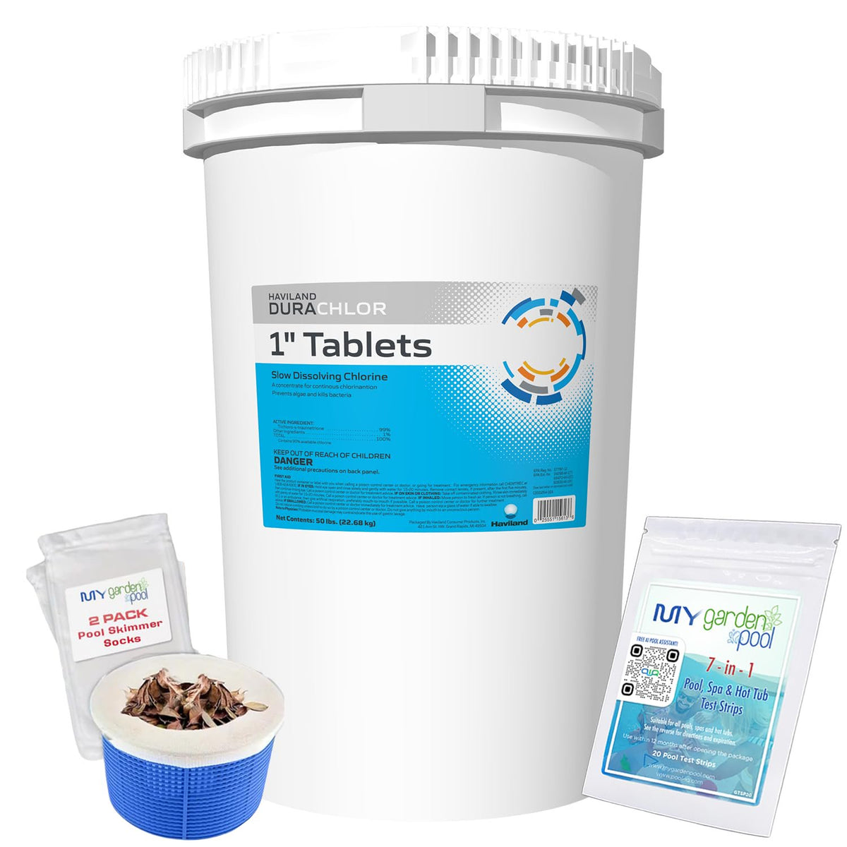 Haviland Durachlor 1 Inch Tablets 50 lb with My Garden Pool Scum Socks, Test Strip & Pool-IQ AI Assistant