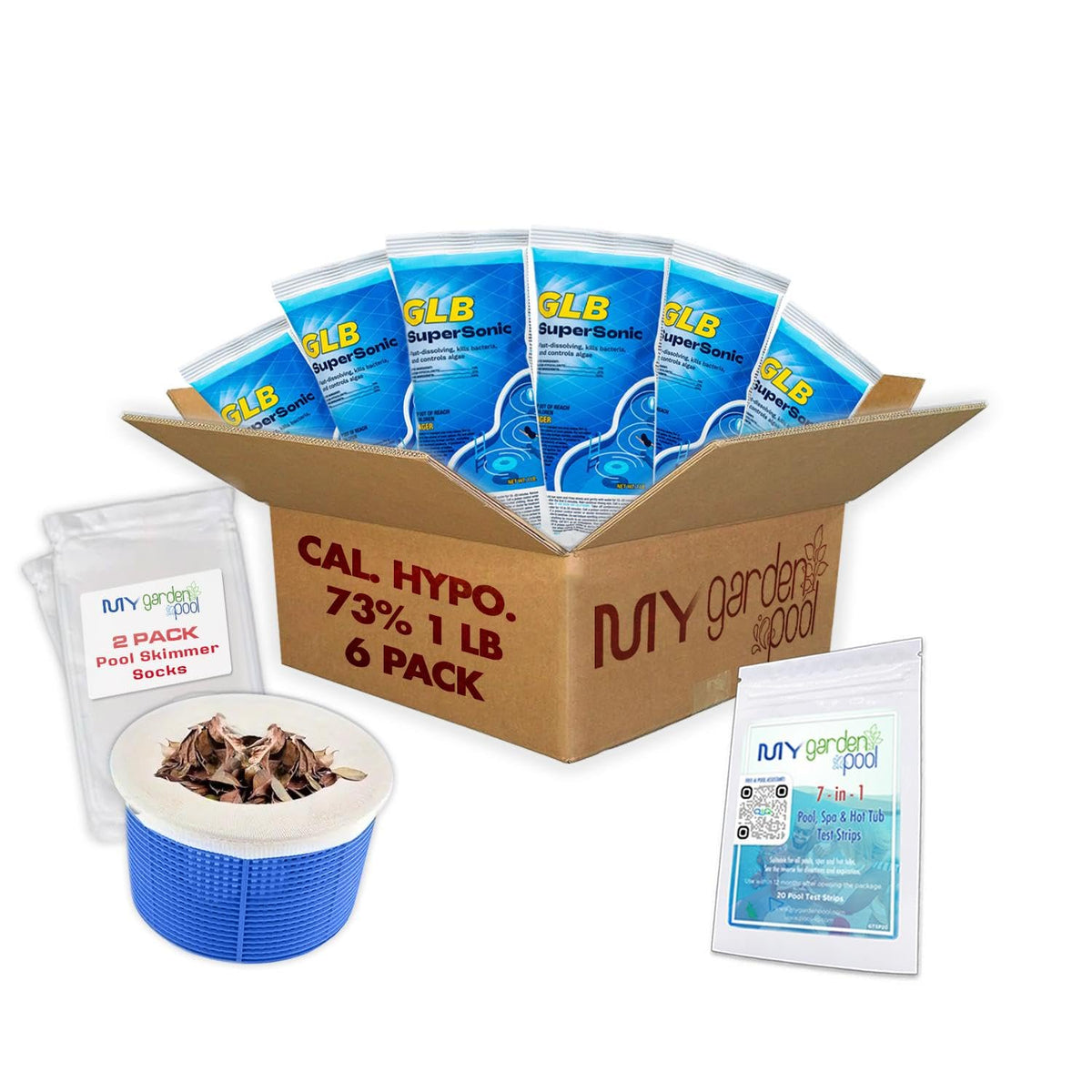 GLB Supersonic 73% Cal-Hypo Shock, 1 lb., Case of 6 - Complete Pool Care Kit with My Garden Pool Skimmer Sock and 7-in-1 Test Strips, 60 ct. – Powerful Chlorine Shock for Clear Swimming Water