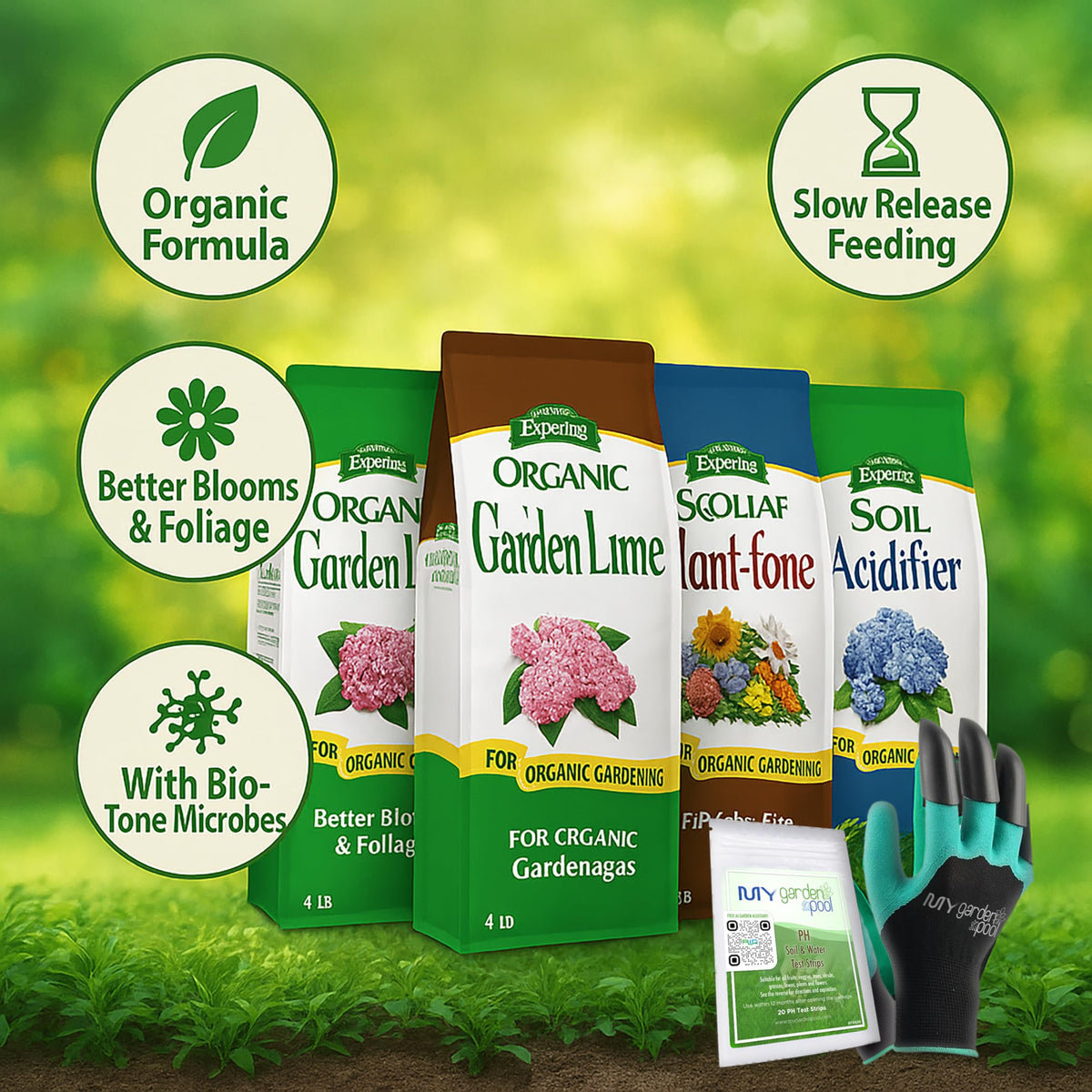 MYGP Organic Fertilizer Bundle – 5×4 lb: Garden, Holly, Plant, Lime & Acidifier – with My Garden Pool Claw Gloves & Soil pH Test Strips – Complete Soil Nutrition and pH Balancing Kit for Gardening