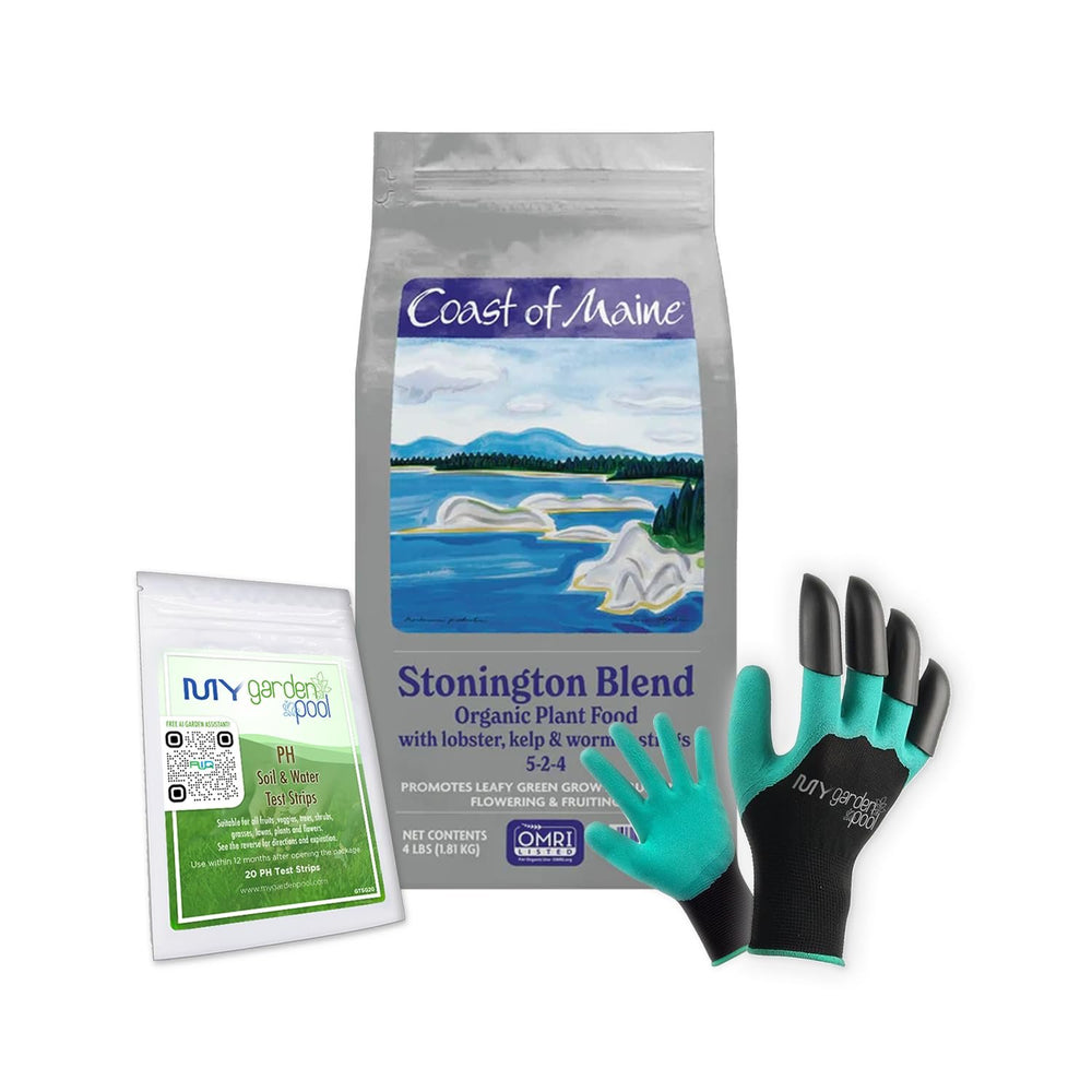 Coast of Maine SP6000 Stonington Plant Food 4 LB – Organic Soil Builder for Vegetables & Flowers with My Garden Pool Soil Test Strips & Claw Gardening Gloves