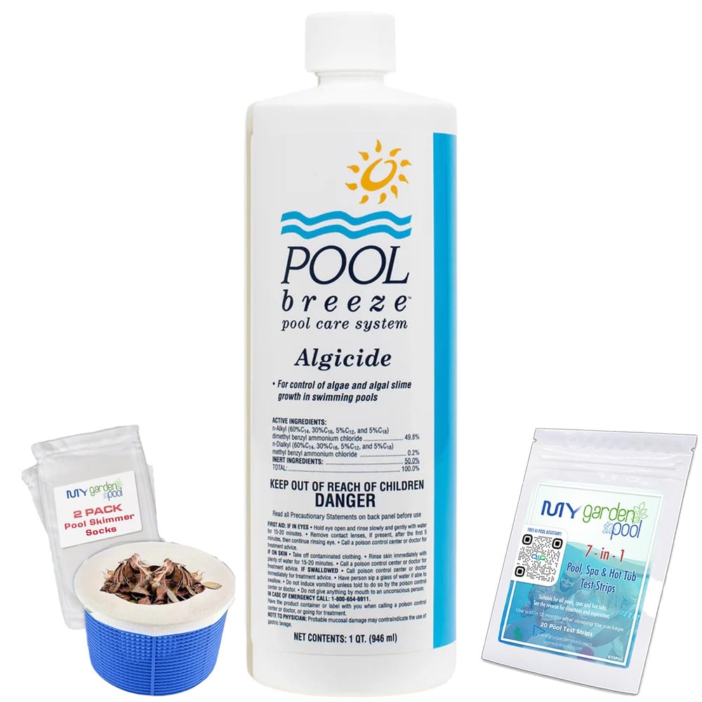 Pool Breeze Algicide 88580 – 32 oz – Effective Pool Algae Prevention – with My Garden Pool 7 in 1 Test Strips & Scum Socks