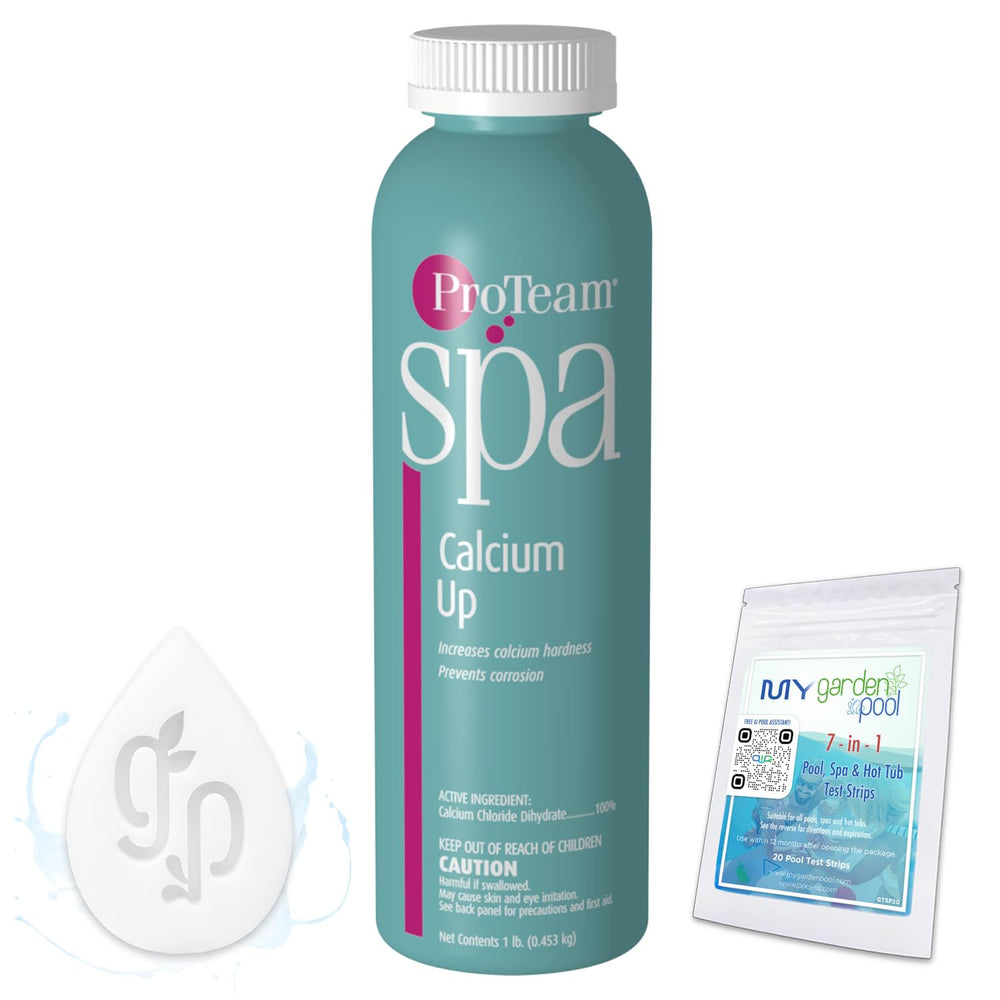 ProTeam Spa Calcium Up 1 LBS - Granular Spa Water Treatment - Light Blue with My Garden Pool 20 Ct. Test Strips & Scum Sponge Oil-Absorbing Sponge for Hot Tubs and Pools