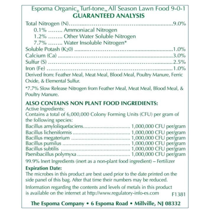 Espoma Turf-Tone All Season Organic Lawn Food with Iron & Exclusive Bio-Tone Formula with My Garden Pool PH Soil Test Strips 20 ct, and Superior Gardening Claw Gloves - 28 LBS
