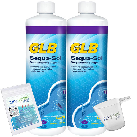 GLB Sequa-Sol 32 FL OZ (71016A) Liquid Pool Stain & Scale Preventer with My Garden Pool Measuring Cup & Test Strips, 2-Pack