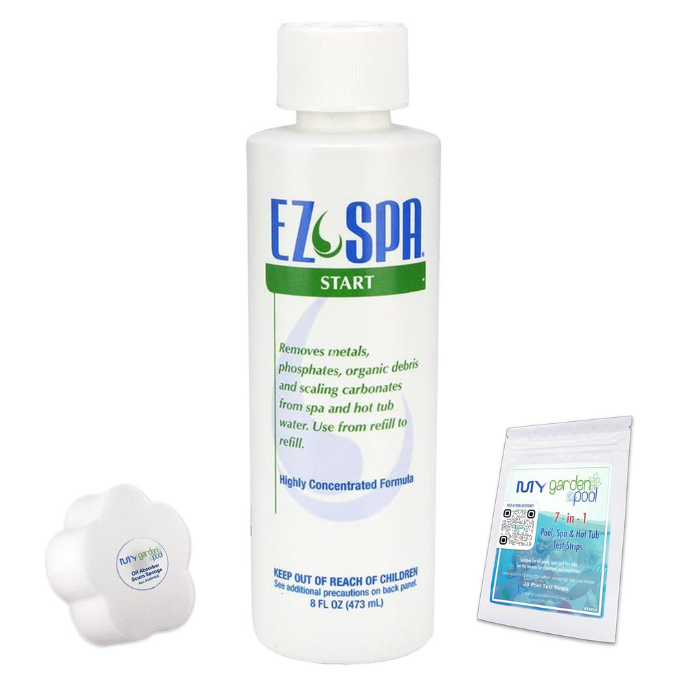 API Ez Spa Pre EZSPS 8 oz with My Garden Pool 20 Ct. Test Strips & Scum Sponge Oil-Absorbing Sponge for Hot Tubs and Pools & Pool-IQ, Smart Pool AI Assistant!