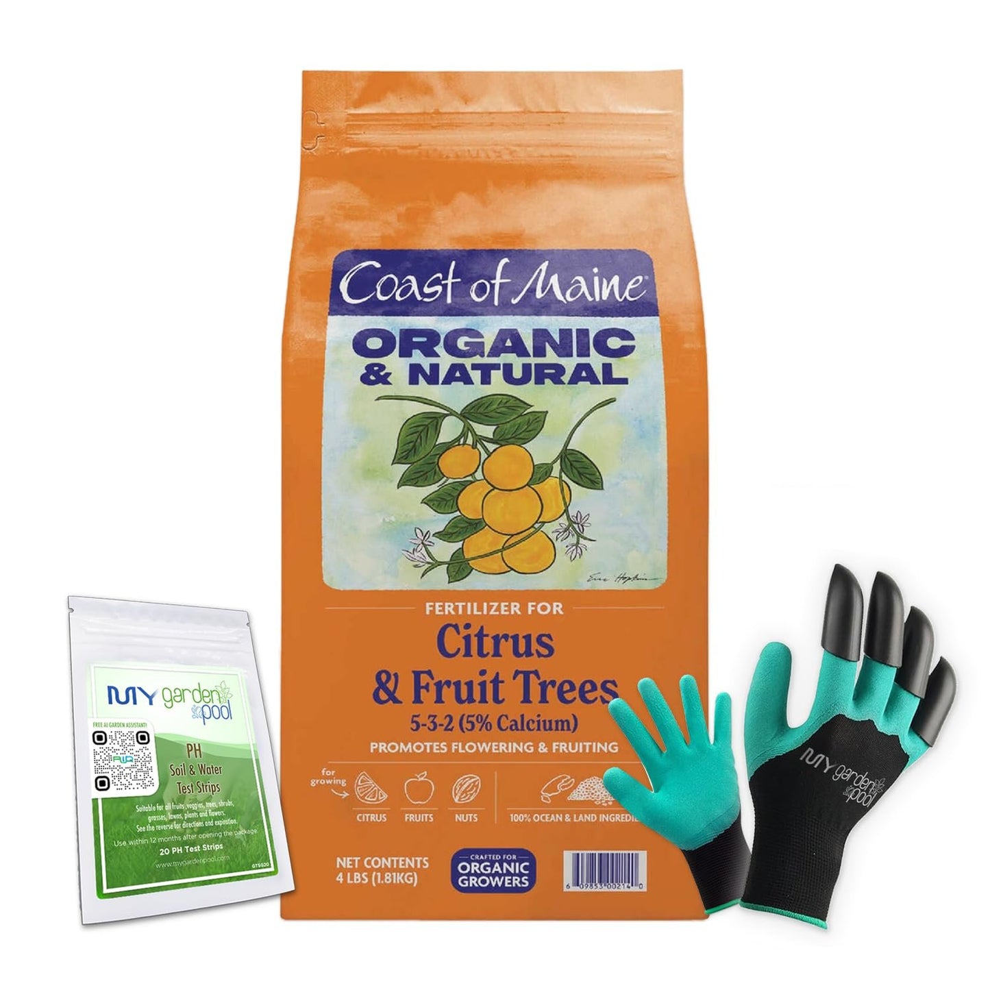 Coast of Maine CT6001 Citrus & Fruit Tree Plant Food 4 LB – Organic Fertilizer for Strong Growth & Flavorful Harvests with My Garden Pool Soil Test Strips & Claw Gardening Gloves