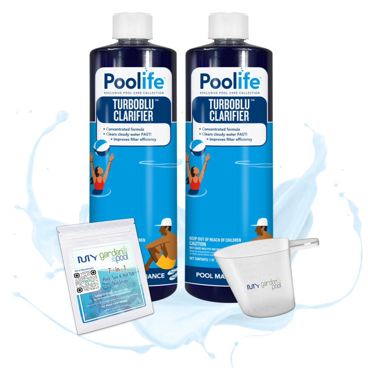 Poolife TurboBlu Clarifier – Concentrated Pool Water Clarifier for Clear Water – Boosts Filter Efficiency – Includes My Garden Pool Scum Socks, 7-in-1 Test Strips & Pool-IQ AI Assistant 2 Pack