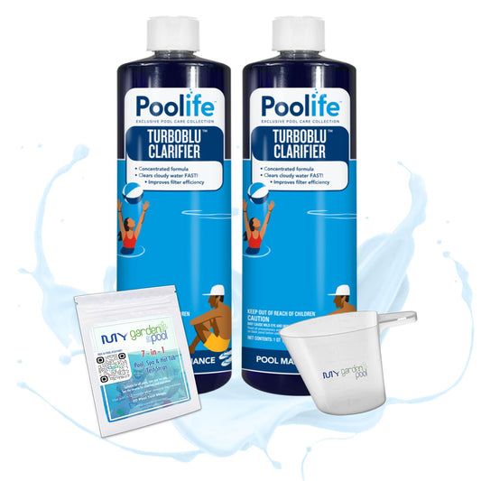 Poolife TurboBlu Clarifier – Concentrated Pool Water Clarifier for Clear Water – Boosts Filter Efficiency – Includes My Garden Pool Scum Socks, 7-in-1 Test Strips & Pool-IQ AI Assistant 2 Pack