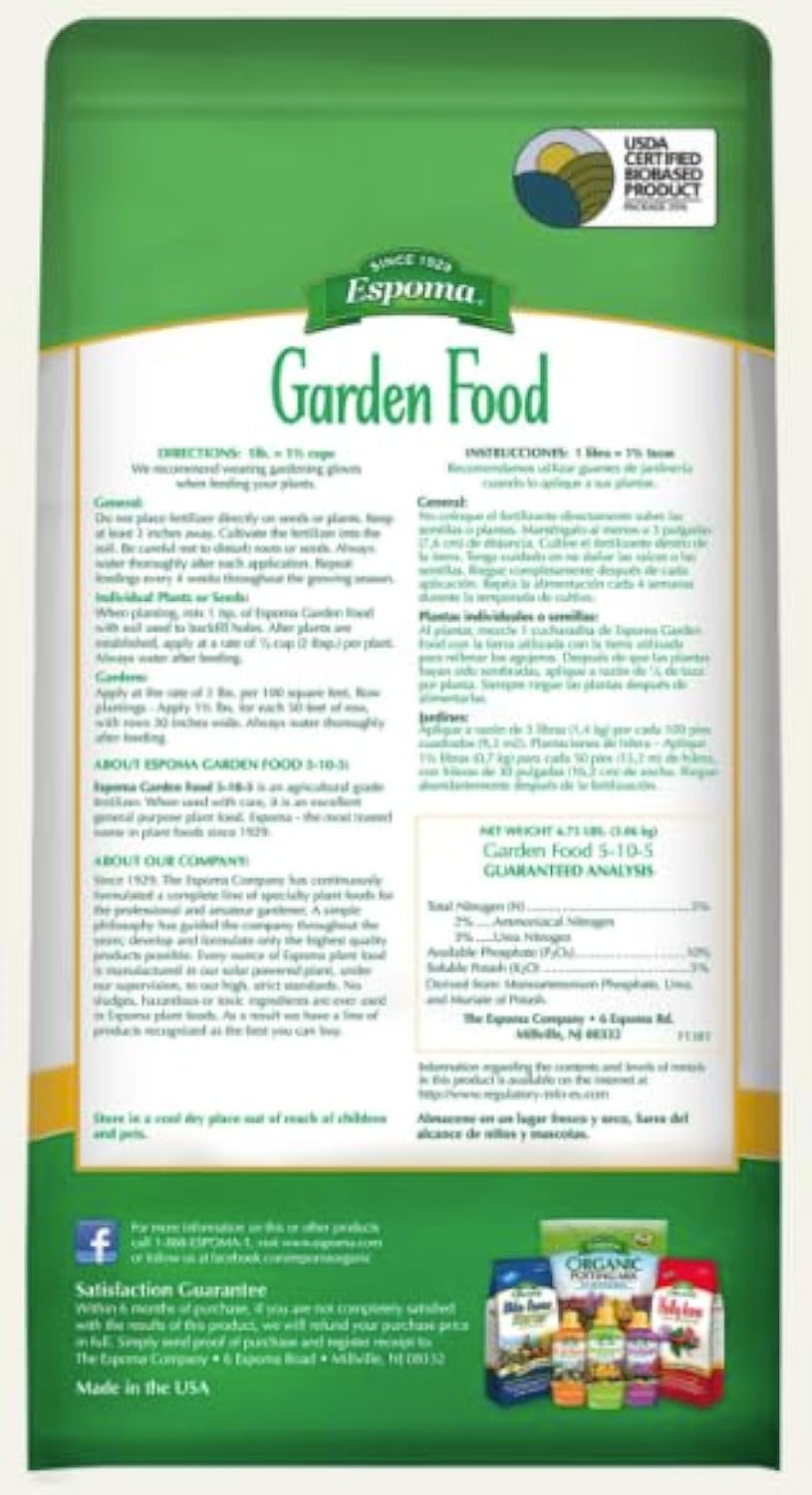 Espoma Garden Food 5-10-5 All Purpose Granular Fertilizer 6.75 lb for Trees Shrubs Flowers & Vegetables with My Garden Pool Soil Test Kit and Gardening Gloves