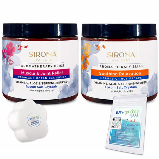 Sirona Aromatherapy Bliss Spa Bundle for Hot Tub & Spa – Muscle & Joint & Soothing Relaxation Epsom Salt Crystals with My Garden Pool Oil Absorbing Scum Sponge & 7-in-1 Test Strips