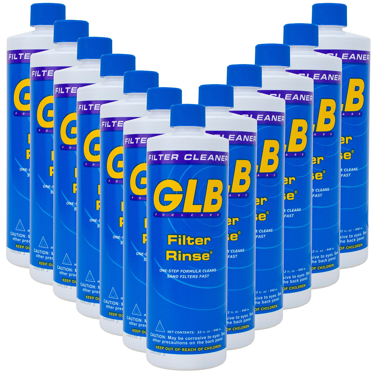 GLB Filter Rinse 32oz (71014A) 12-Pack with My Garden Pool 7-in-1 Test Strips & Measuring Cup – Professional Pool Filter Cleaning Solution