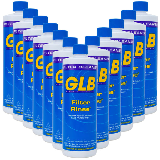 GLB Filter Rinse 32oz (71014A) 12-Pack with My Garden Pool 7-in-1 Test Strips & Measuring Cup – Professional Pool Filter Cleaning Solution