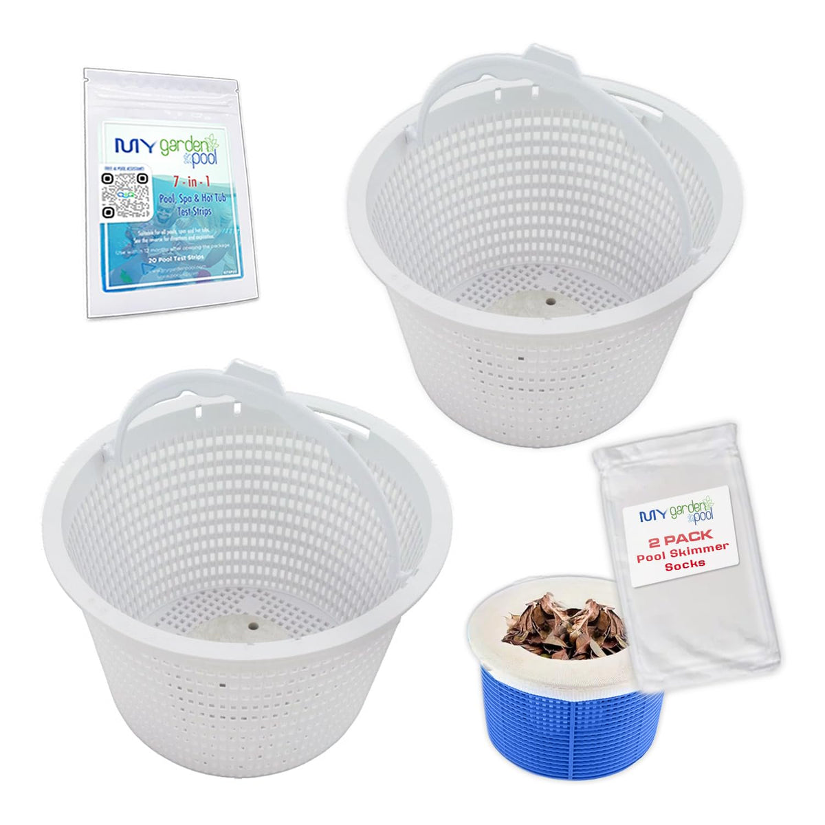 My Garden Pool 27180-009-000 Replacement for Hayward Pool Skimmer; 2 Pack Easy-to-Install Pool Skimmer Basket Replacement Skimmer Sock and 7-in-1 Pool & Spa Test Strips 20 Ct.