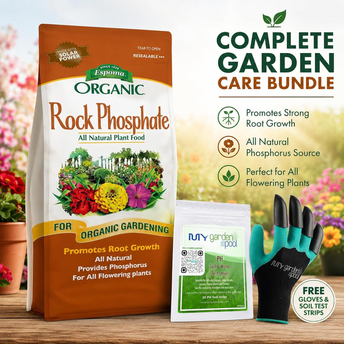 Espoma Rock Phosphate – 28 lb Organic Plant Fertilizer for Outdoor Flower Or Vegetable Gardens with My Garden Pool PH Soil Test Strips 20 ct, and Gardening Claw Gloves