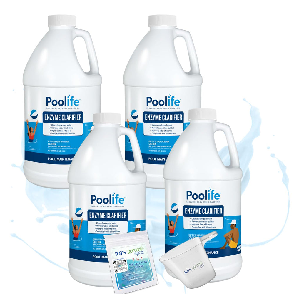 Poolife Enzyme Clarifier – Natural Pool Water Clarifier for Clear Water – Breaks Down Oils & Organic Matter – Includes My Garden Pool, 7-in-1 Test Strips, Measuring Cup & Pool-IQ AI Assistant 4 Pack