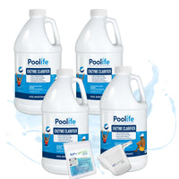 Poolife Enzyme Clarifier – Natural Pool Water Clarifier for Clear Water – Breaks Down Oils & Organic Matter – Includes My Garden Pool, 7-in-1 Test Strips, Measuring Cup & Pool-IQ AI Assistant 4 Pack
