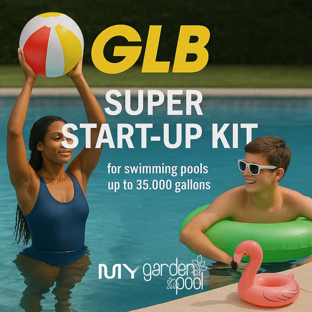 GLB Super Start-Up Pool Bundle – 4×1 lb Supersonic Shock, 2× Algimycin 2000, 2× Sequa-Sol, 1 lb Stabilizer, Super Blue – with My Garden Pool Skimmer Socks, Scum Sponge & Test Strips (20 ct)