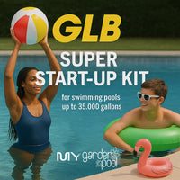 GLB Super Start-Up Pool Bundle – 4×1 lb Supersonic Shock, 2× Algimycin 2000, 2× Sequa-Sol, 1 lb Stabilizer, Super Blue – with My Garden Pool Skimmer Socks, Scum Sponge & Test Strips (20 ct)