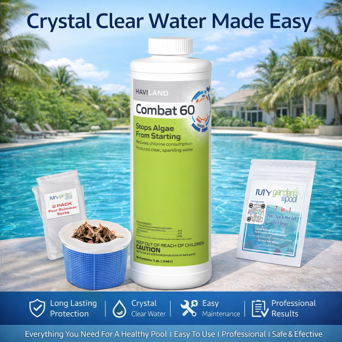 Haviland Durachlor Combat 60 1 QT with My Garden Pool Scum Socks, Test Strip & Pool-IQ AI Assistant