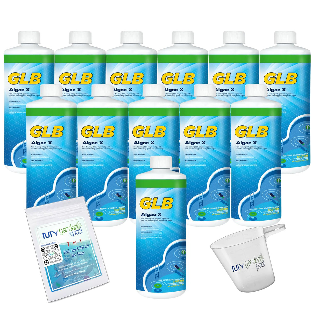 GLB Algae-X Algaecide 32 FL OZ 71100A with My Garden Pool 7 in 1 Test Strips and Measuring Cup, 12 Pack Pool-IQ, Smart Pool AI Assistant!