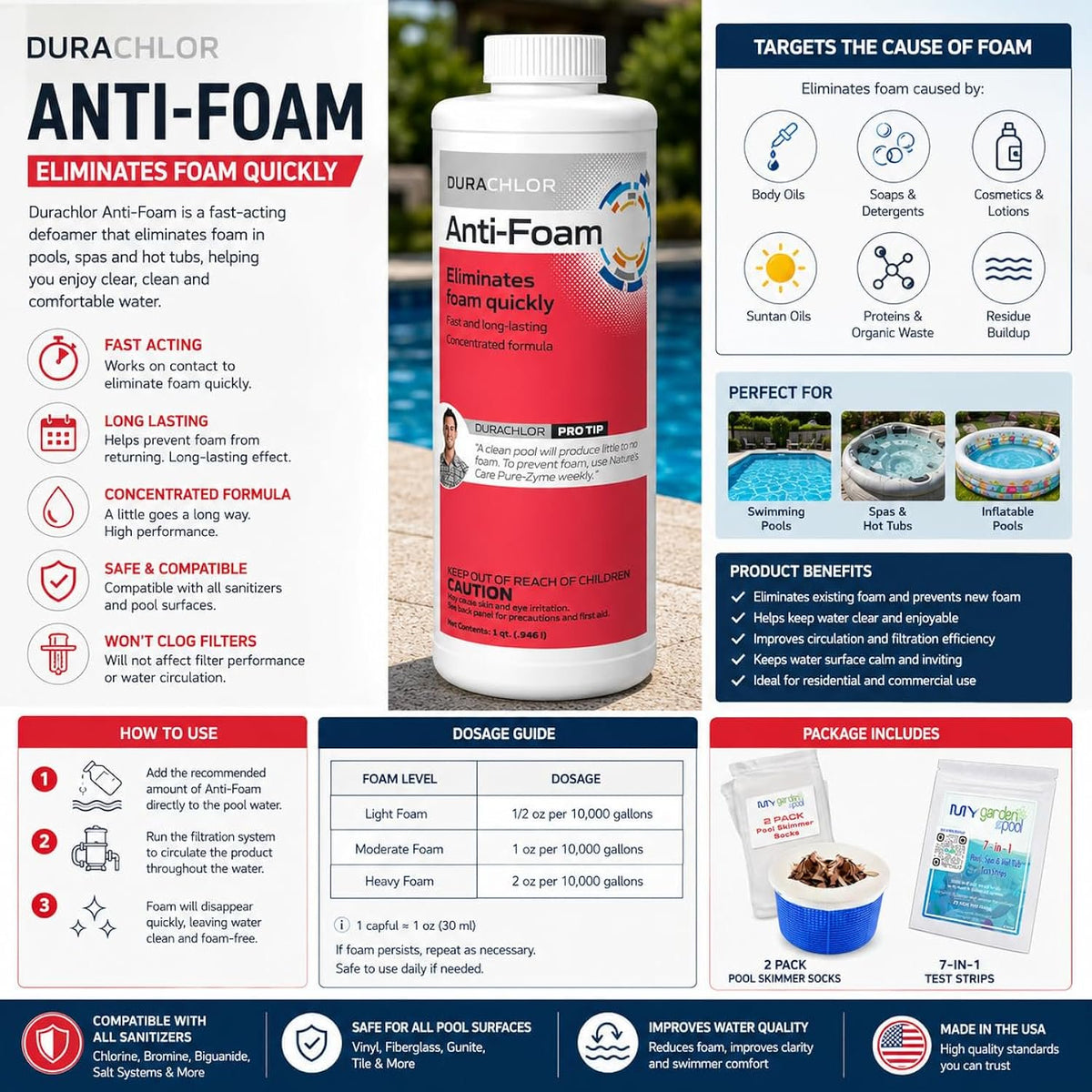 Haviland Durachlor Fast Acting Anti-Foam Eliminator Concentrate 1 Quart with My Garden Pool Scum Socks, Test Strip & Pool-IQ AI Assistant