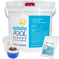Pool Breeze Black AlgiKill 88552 – 25 lbs – Heavy Duty Black Algae Control – with My Garden Pool 7 in 1 Test Strips & Scum Socks
