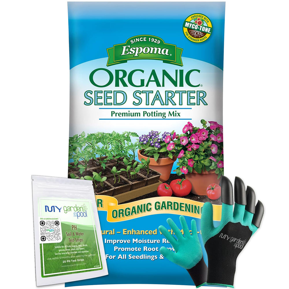 Espoma Organic Seed Starter Potting Soil 16 qt All Natural & Organic Seed Starting Mix with a My Garden Pool PH Soil Test Strips 20 ct, and Superior Gardening Claw Gloves