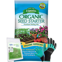 Espoma Organic Seed Starter Potting Soil 16 qt All Natural & Organic Seed Starting Mix with a My Garden Pool PH Soil Test Strips 20 ct, and Superior Gardening Claw Gloves