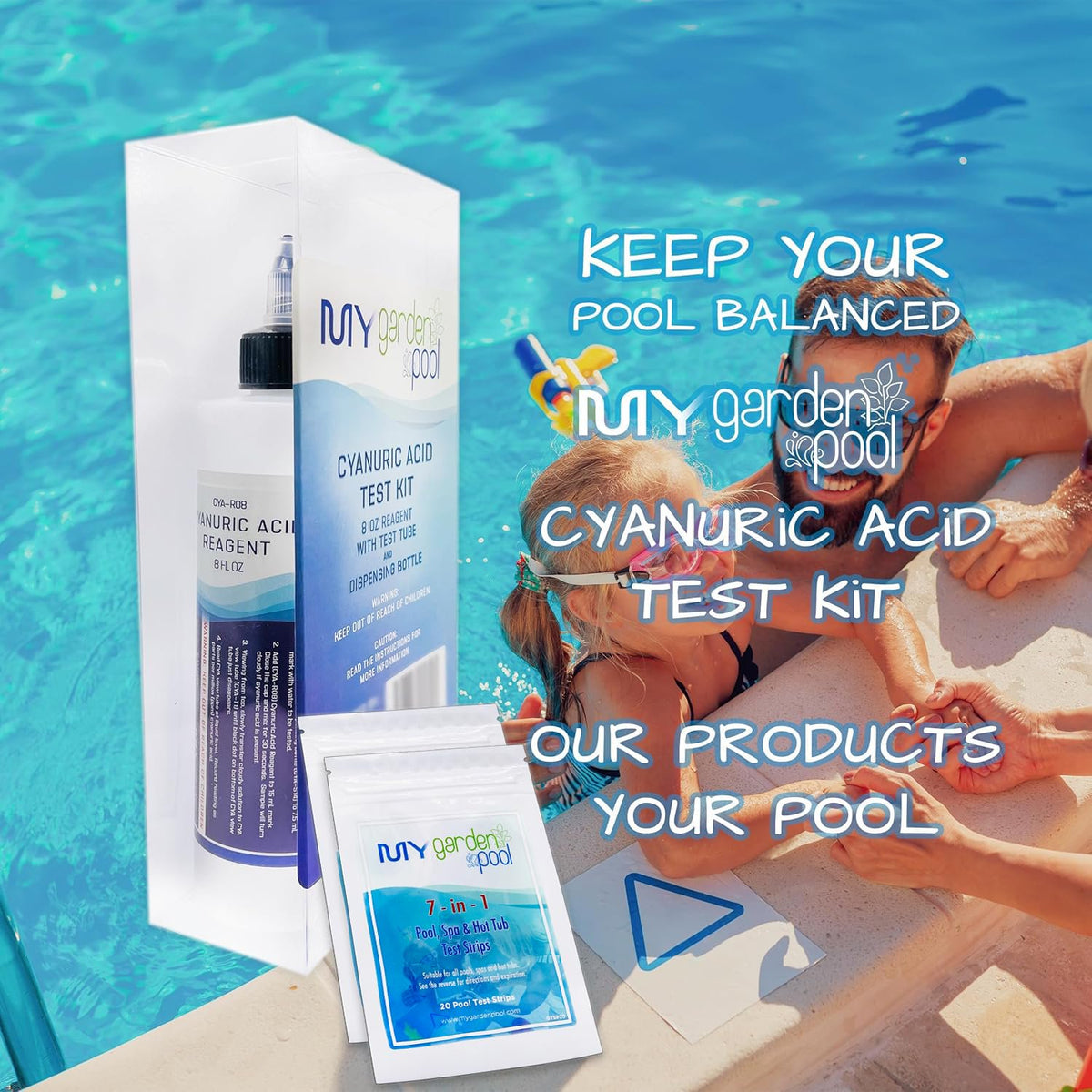 Cyanuric Acid Test Kit - Accurate Testing, 8 oz Reagent, with Test Tube and Mixing Bottle, Maximize Pool Water Efficiency with My Garden Pool 7 in 1 Water Test Strips