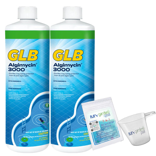 GLB Algimycin 3000 Algaecide 32 FL OZ 71105A with My Garden Pool 7 in 1 Test Strips and Measuring Cup, 2 Pack
