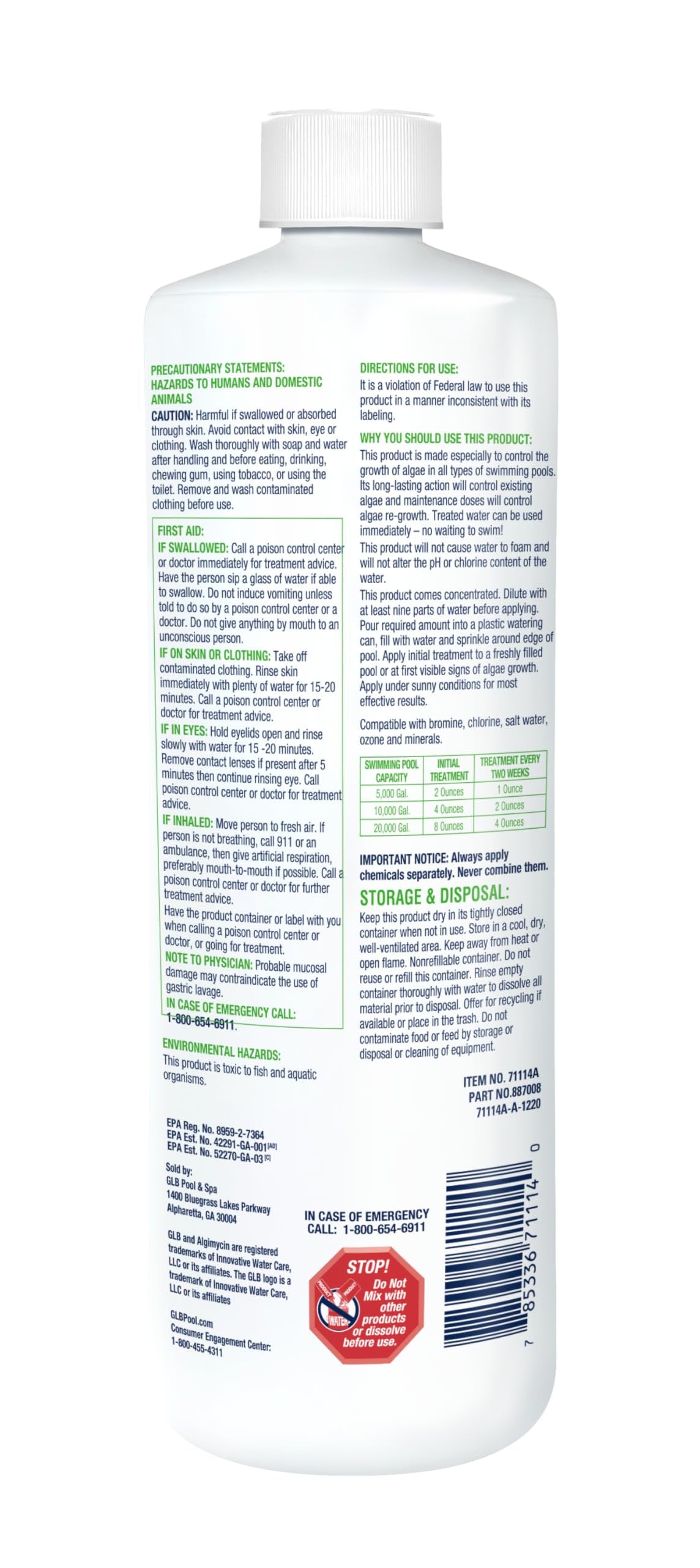 GLB Strike-Out Algaecide 32 FL OZ 71114A with My Garden Pool 7 in 1 Test Strips and Measuring Cup, 2 Pack