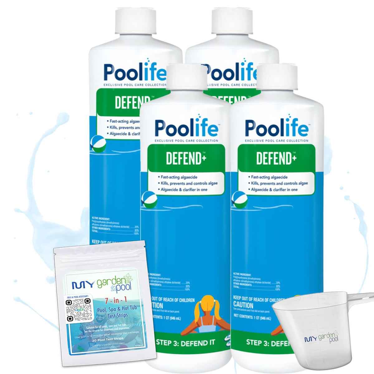 Poolife Defend+ 32 fl oz – 3-in-1 Pool Algae Protection – Clarifier + Preventative Shield – Includes Easy Measuring Cup, 7-in-1 Test Strips and Pool IQ - AI 4 Pack