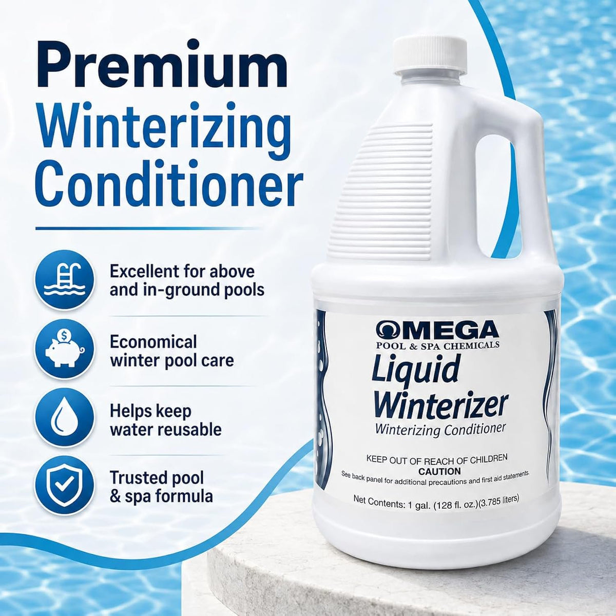 Omega Liquid Winterizer 1 Gallon Pool & Spa Winterizing Conditioner with My Garden Pool 2 Filter Drain Plugs, Seat Removal Tool, 7-in-1 Test Strips & Pool-IQ
