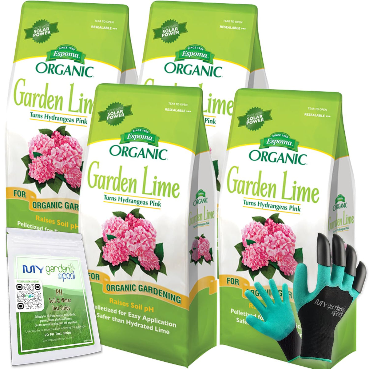 Espoma Organic Garden Lime; Raises Soil pH Contains pelletized dolomitic Lime for Organic Gardening; 5 lb with a My Garden Pool PH Soil Test Strips 20 ct, and Superior Gardening Claw Gloves - 4 Pack