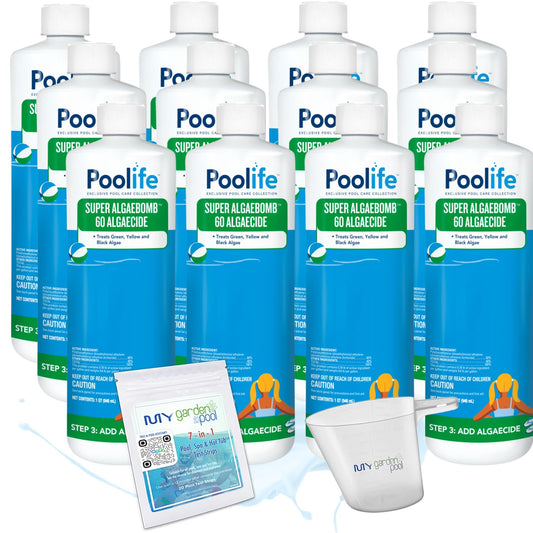 Poolife Super AlgaeBomb 60 – Non-Foaming Liquid Algaecide for Pools, Spas & Winterizing – 60% Polyquat Formula – Includes 7-in-1 Test Strips, Measuring Cup & Pool-IQ AI Assistant 12 Pack