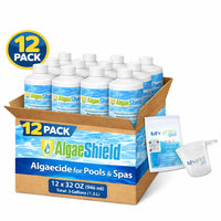 AlgaeShield Algaecide 32 FL OZ 12774 with My Garden Pool 7 in 1 Test Strips and Measuring Cup, 12 Pack