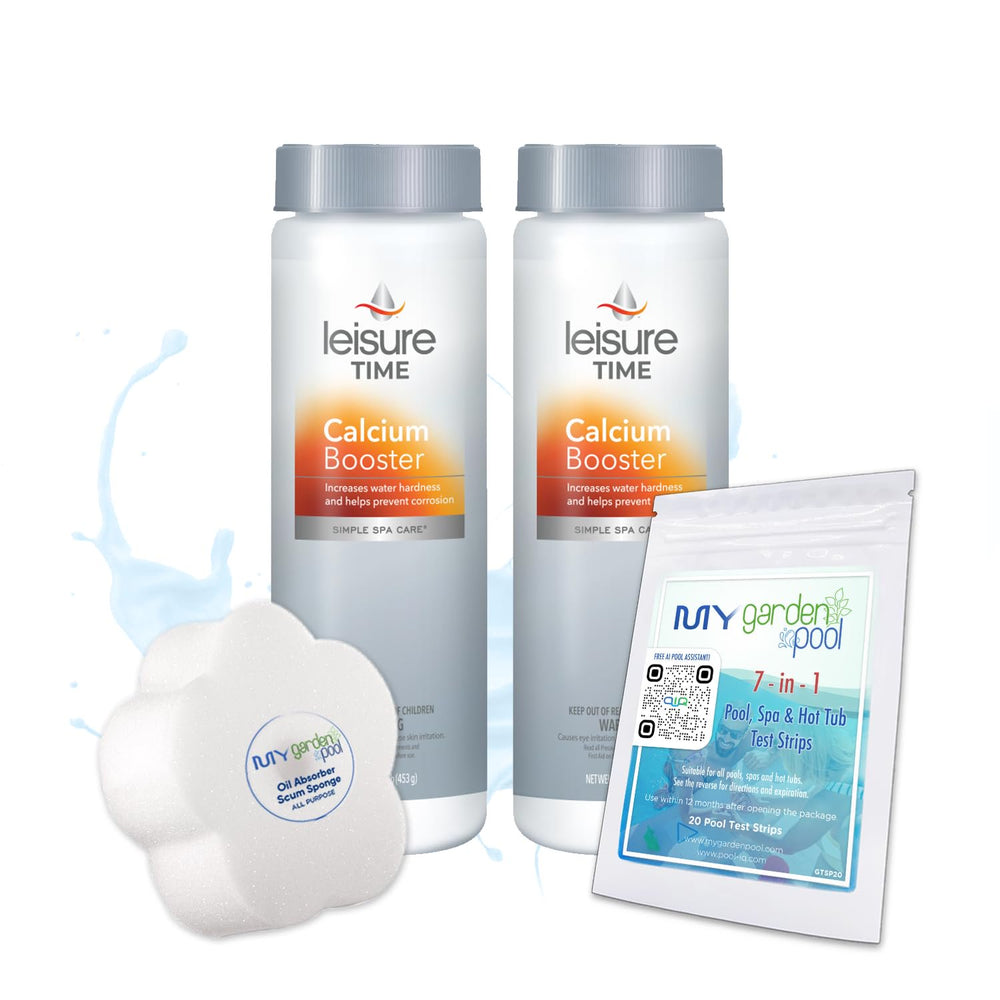 Leisure Time Calcium Booster 2 LB (1 LB x 2 pc) with My Garden Pool 20 Ct. Test Strips & Scum Sponge Flower Oil-Absorbing Sponge for Hot Tubs and Pools (2)