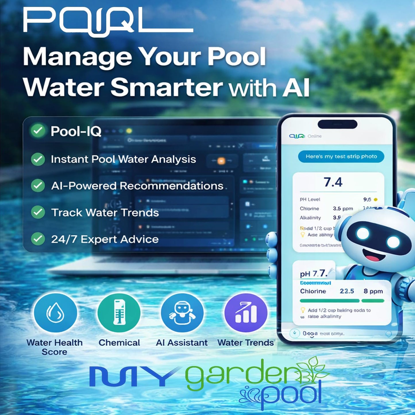 My Garden Pool Rectangular Pool Skimmer Net with Deep Fine Mesh Bag, Includes 2-Pack Skimmer Socks, 20-Count 7-in-1 Pool & Spa Test Strips and Pool-IQ Access, Universal Pole Fit, Made in USA