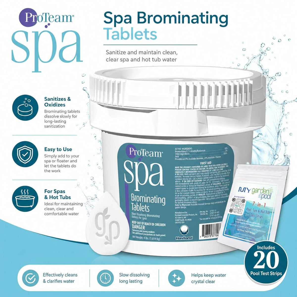 ProTeam Spa Brominating Tablets 4 LBS with My Garden Pool 20 Ct. Test Strips & Scum Sponge Oil-Absorbing Sponge for Hot Tubs and Pools