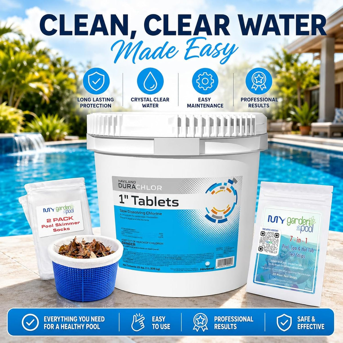 Haviland Durachlor 1 Inch Tablets 25 lb with My Garden Pool Scum Socks, Test Strip & Pool-IQ AI Assistant