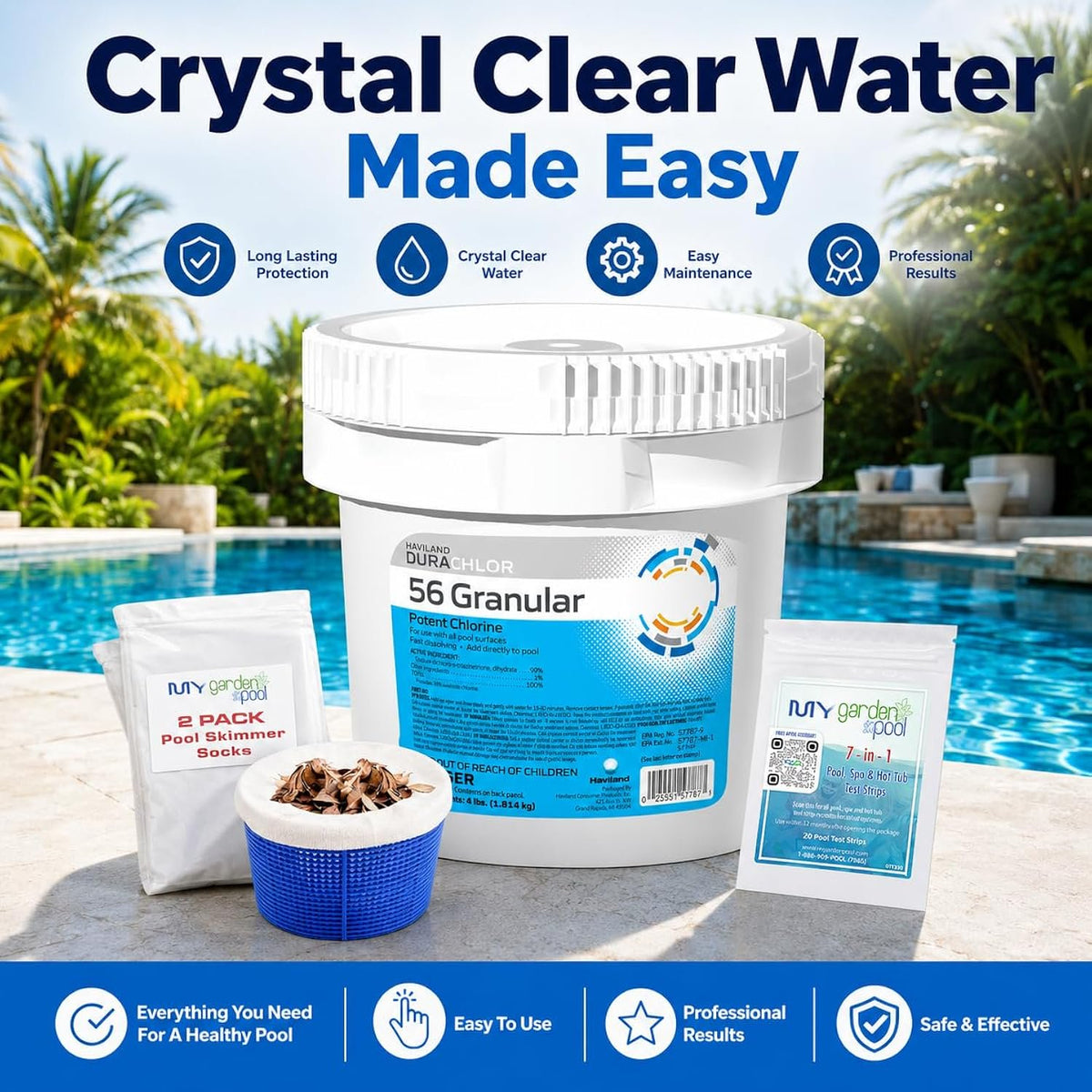 Haviland Durachlor 56 Granular 4 lb with My Garden Pool Scum Socks, Test Strip & Pool-IQ AI Assistant