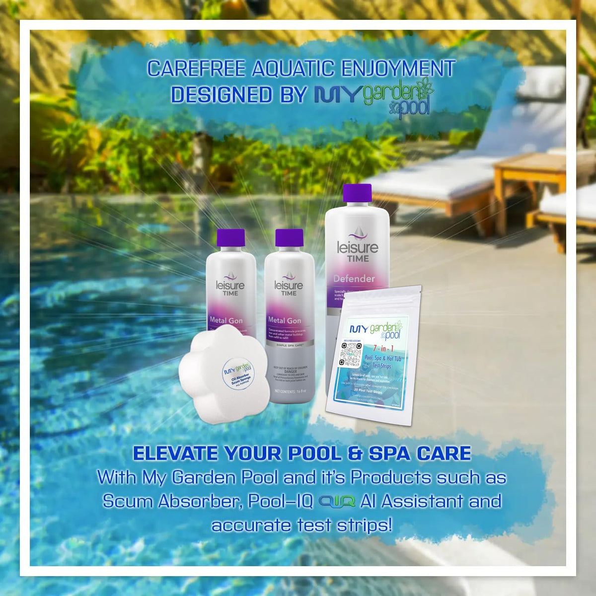 Leisure Time Metal Gon 32 Fl Oz & Defender 32 Fl Oz with My Garden Pool 20 Ct. Test Strips & Scum Sponge Flower Oil-Absorbing Sponge for Hot Tubs and Pools