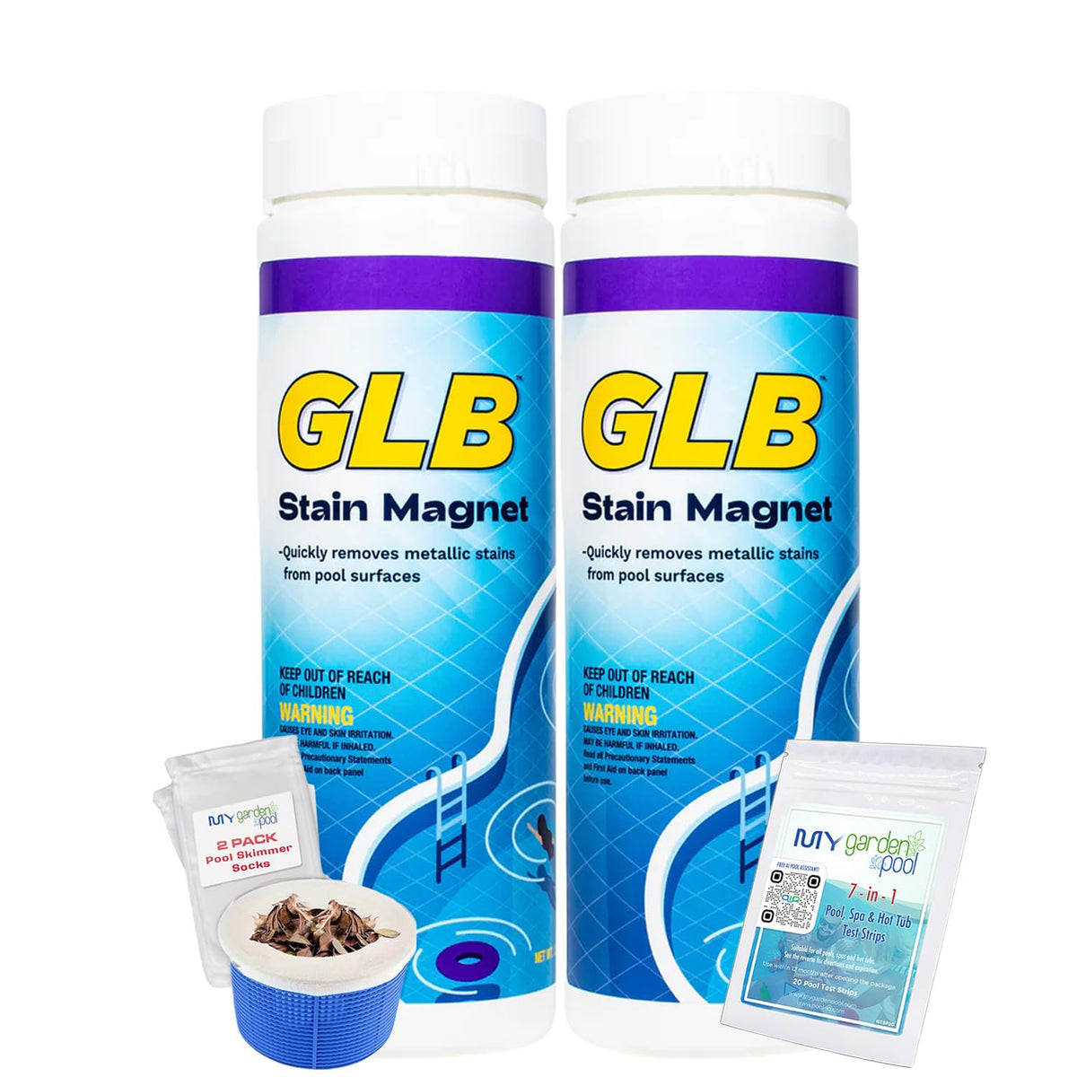GLB Stain Magnet 2.5 LB (71020A) Removes Metal & Mineral Stains from Pool Surfaces with My Garden Pool Skimmer Socks & Test Kit, 2-Pack