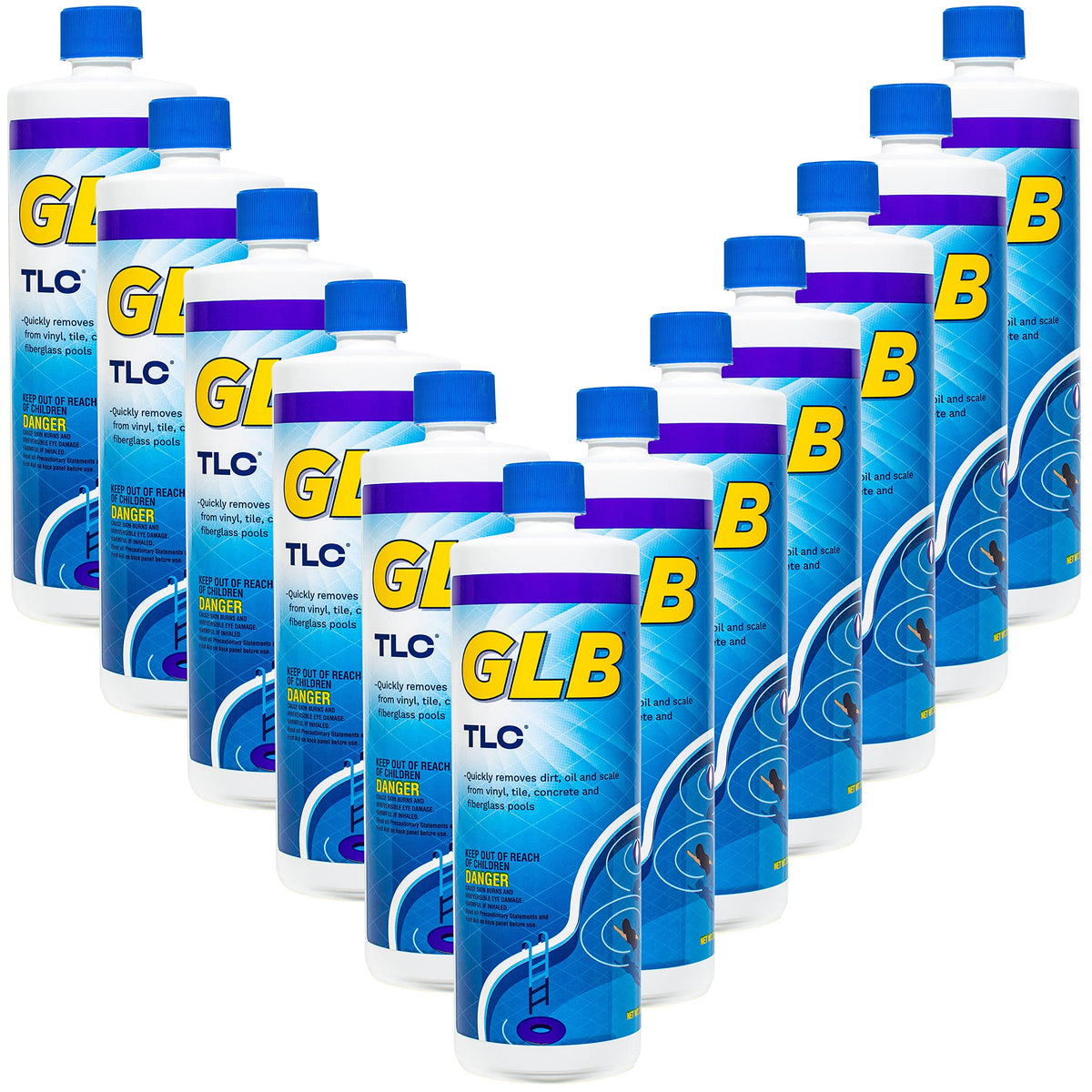 GLB TLC Surface Cleaner 32oz (71028A) 12-Pack with My Garden Pool 7-in-1 Test Strips & Measuring Cup – Professional-Grade Pool Surface Cleaning