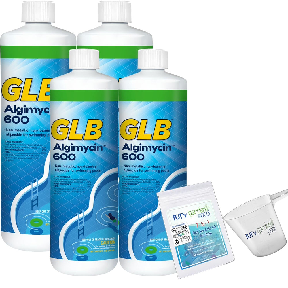 GLB Algimycin 600 Algaecide 32 FL OZ 71108A with My Garden Pool 7 in 1 Test Strips and Measuring Cup, 4 Pack