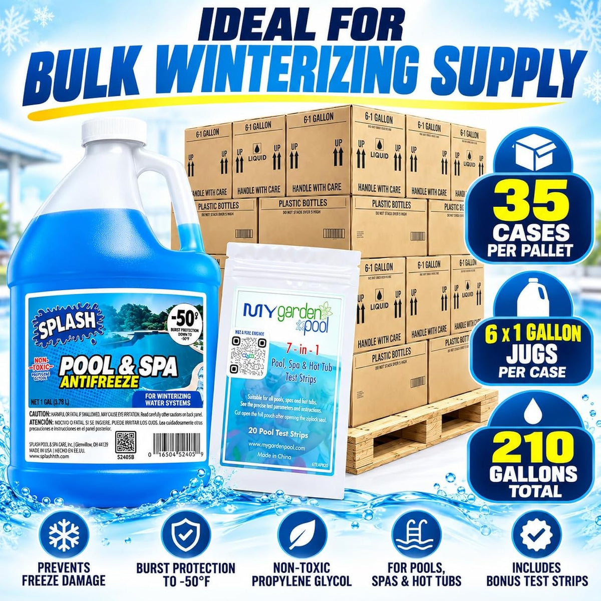 Splash Pool & Spa Antifreeze -50°F, 210 PACK - 35 CASES, Winter Protection for Pools & Spas - NEW DESIGN - with My Garden Pool 7-in-1 Pool & Spa Test Strips (20 ct.)
