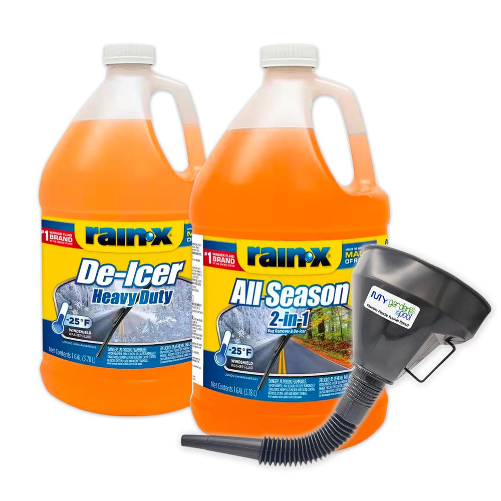 Rain-X Winter Essentials Bundle - 1 Gallon De-Icer & 1 Gallon 2-in-1 All Season Washer Fluid with My Garden Pool Plastic Funnel Spout for Easy Pouring Hard-to-Reach Vehicles