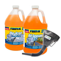 Rain-X Winter Essentials Bundle - 1 Gallon De-Icer & 1 Gallon 2-in-1 All Season Washer Fluid with My Garden Pool Plastic Funnel Spout for Easy Pouring Hard-to-Reach Vehicles